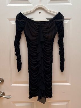 Early 2000s Bebe Off-Shoulder Black Ruched Dress